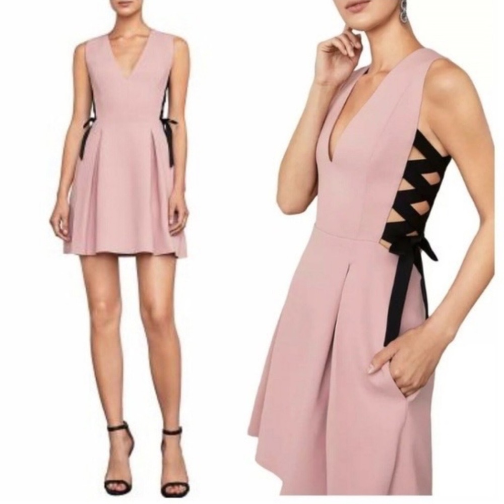 Sleeveless Pink V-Neck Fit & Flare Dress with Lace-Up Sides